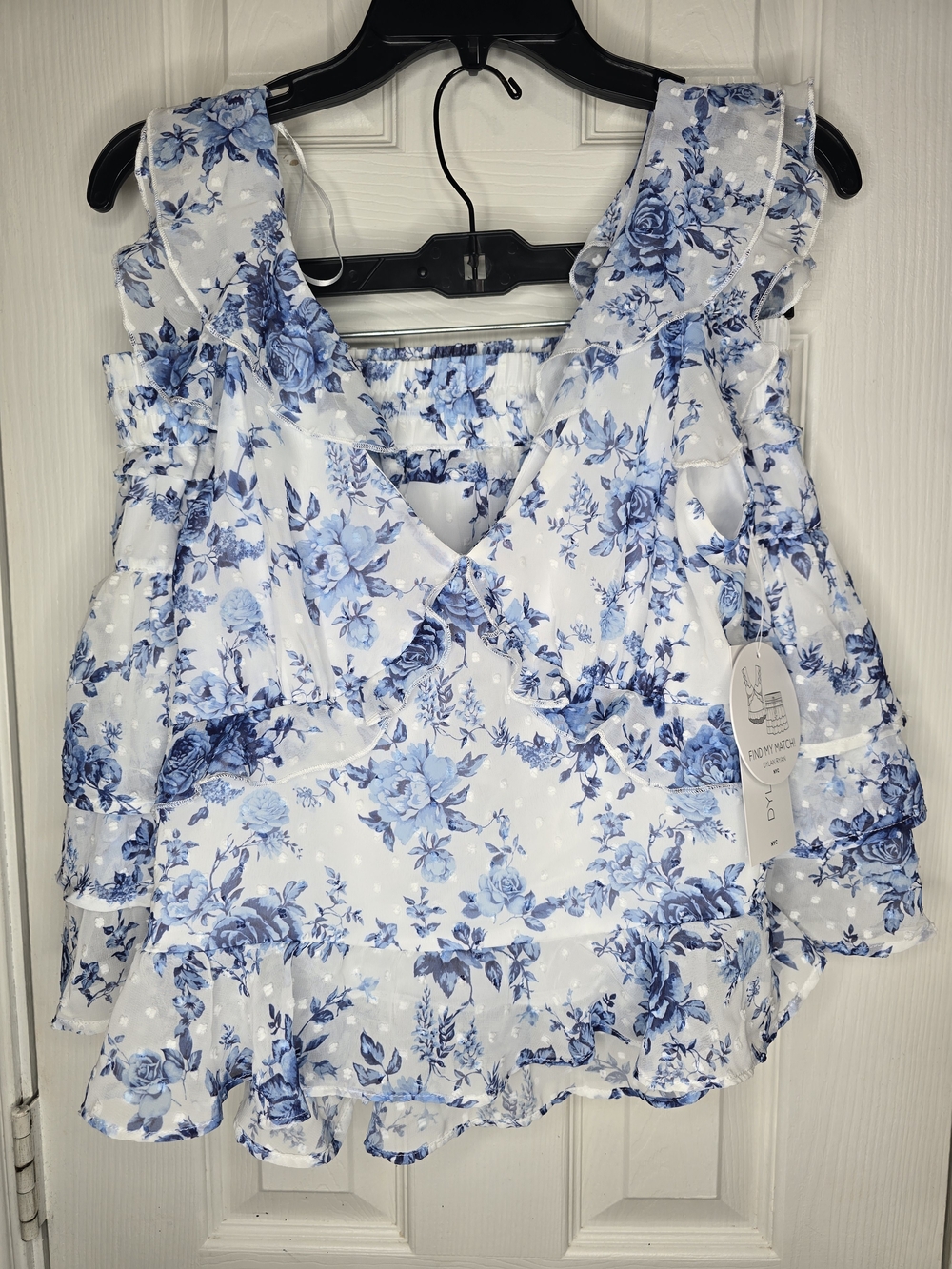 dylan White and Blue Floral Ruffle V-Neck Blouse
